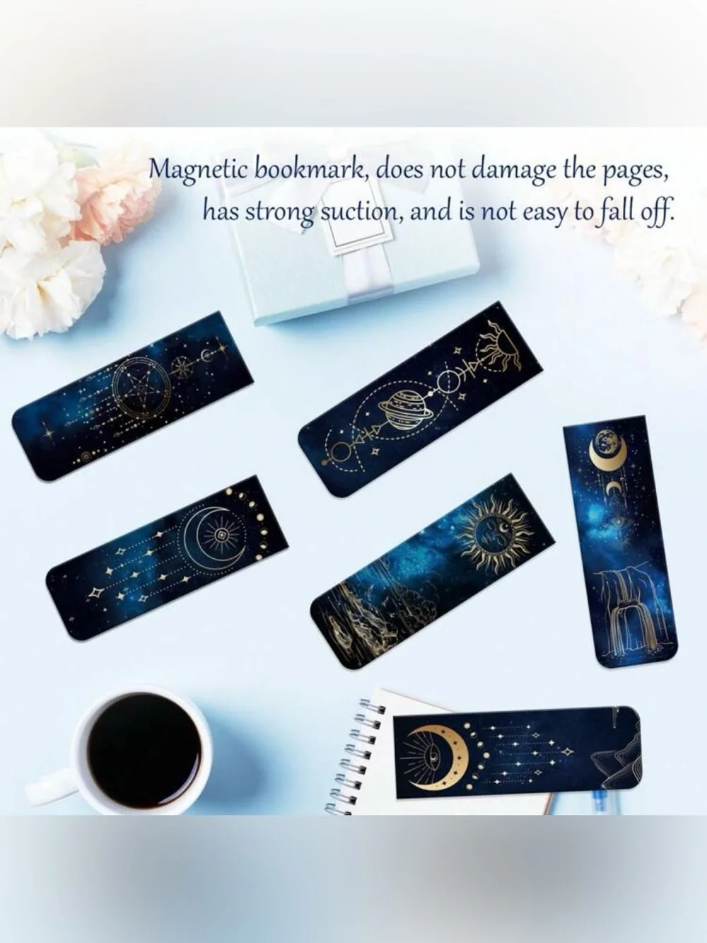 12 Mystic Night Sky Magnetic Bookmarks – Blue & Gold Celestial Moon Stars